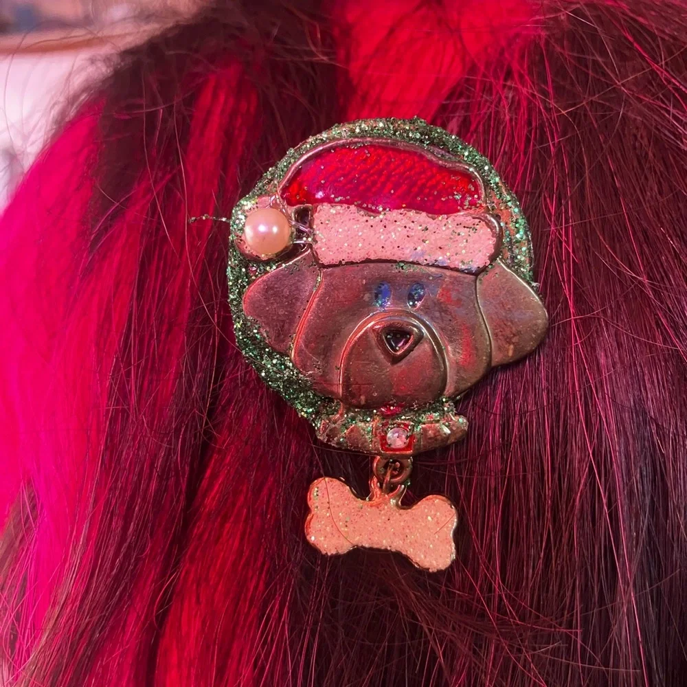 New handmade festive puppy dog Santa -hair braid spike up cycled vintage jewelry